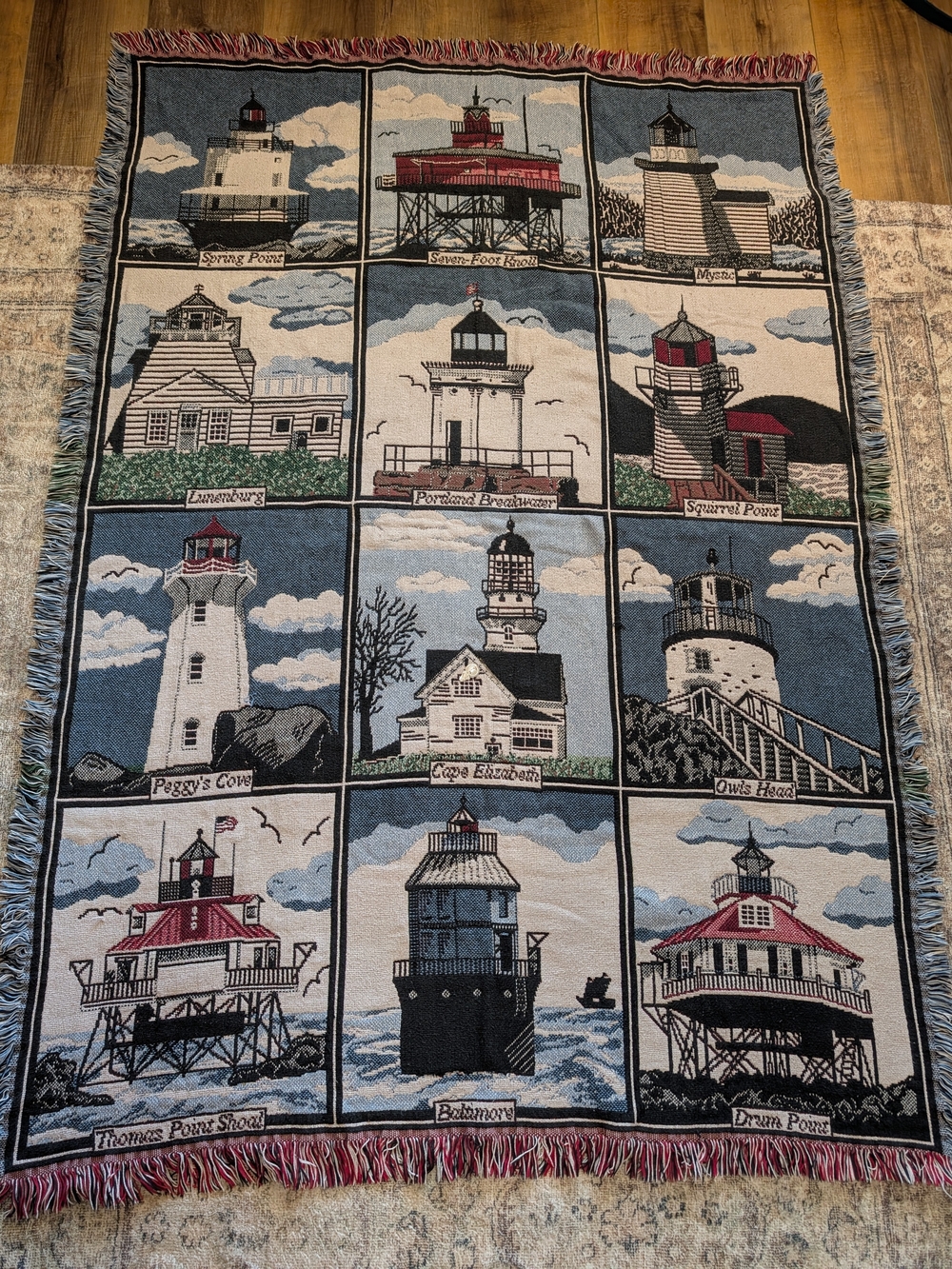 East Coast Lighthouse Patchwork Woven Throw Blanket - Blue, Red, White, Cream